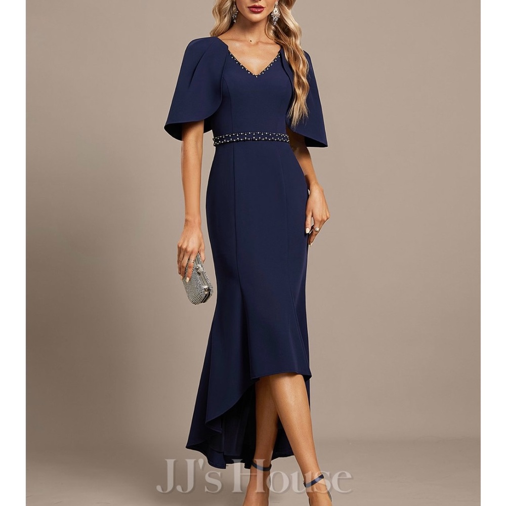 NWT JJs House Navy High-Low Dress with Beaded Detail